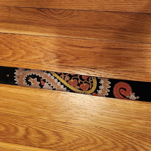 Guido Angeloni Vintage Black Suede + Leather Belt w/ Boho Design, Length 42" - Picture 8 of 8